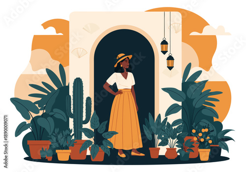 A stylish woman standing in a doorway surrounded by potted plants, a colorful vector illustration