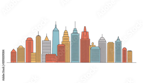 Horizontal City Skyline Vector Illustration with Modern Downtown Business Buildings in Flat Style