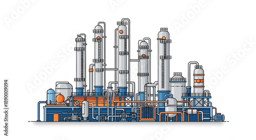 Vector illustration of a modern industrial processing plant. Features towers, tanks, and intricate pipe networks, symbolizing energy and chemical manufacturing