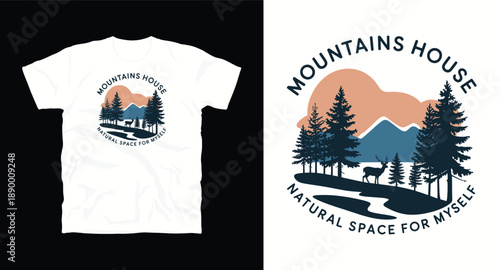 mountains house natural space for myself t-shirt design with deer and trees graphic