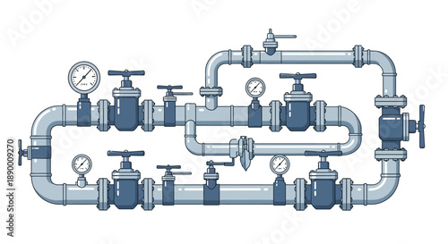 Conceptual illustration of a complex industrial piping system featuring interconnected valves and pressure gauges, symbolizing intricate fluid transfer and mechanical engineering