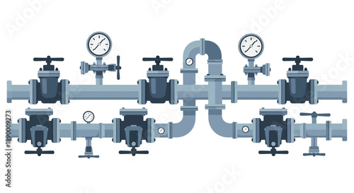 Intricate industrial piping system with multiple shut-off valves, pressure gauges, and interconnected pipes, forming a complex fluid management network for various applications