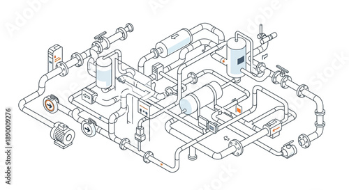 Isometric line illustration of a complex industrial pipeline system, detailing interconnected pipes, valves, tanks, and sensors for fluid management and process engineering