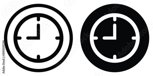 Minimalist clock icons showing a 9:00 time setting. Represents time management, schedules, deadlines, and punctuality. Clean circular design suitable for business and productivity apps.