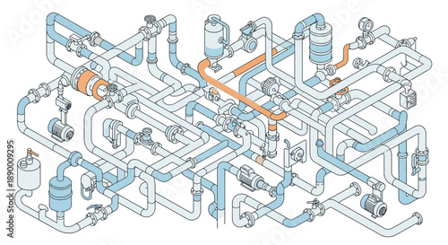 Isometric 3D rendering of a complex industrial piping network, illustrating fluid transfer systems, interconnected pipes, valves, and pumps for engineering and process concepts