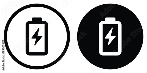 Modern battery icons with lightning bolt symbols in black and white. Ideal for mobile power, energy storage, and electrical charging concepts. Clean, bold graphic for user interfaces.
