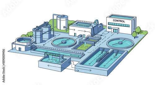 Detailed illustration of a modern industrial water treatment plant, showcasing the complex multi-stage process of wastewater purification for environmental sustainability