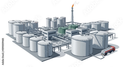 Industrial refinery complex with storage tanks, pipelines, processing plant, illustrating energy production and distribution