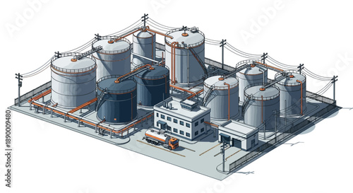 Isometric illustration of a modern industrial fuel storage and refinery complex, featuring large tanks, interconnected pipelines, and energy logistics infrastructure