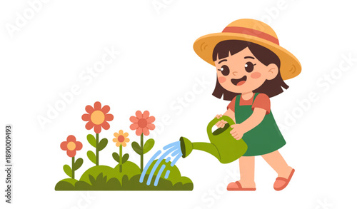 Cute Little Girl Watering Colorful Flower Garden Vector Illustration in Flat Cartoon Style