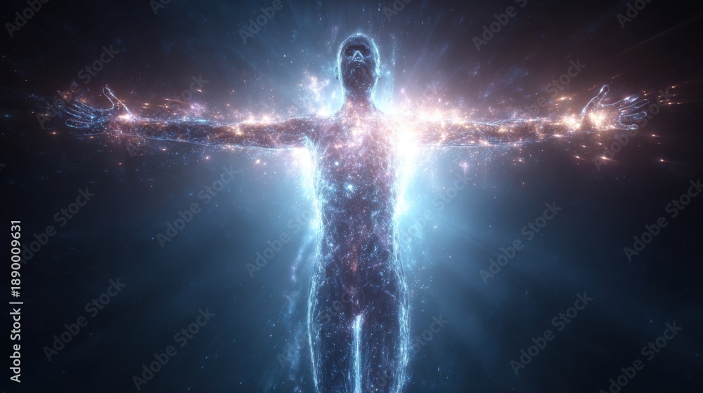 Obraz premium A glowing human shape stands with arms wide open enveloped in vibrant cosmic light representing unity with the universe and spiritual awakening in a mystical setting.