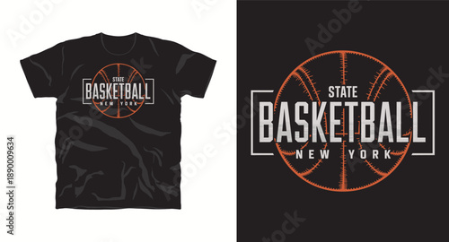 State basketball New York t-shirt design with full ball texture and rectangular frames