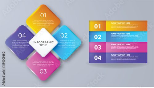 4-Step Radial Business Infographic Template. Vector Presentation Slide with Colorful 3D Diamond Shapes and Numbered Process List