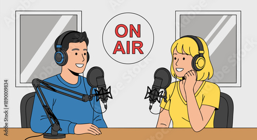 Male and female characters in a podcast studio, a professional vector illustration of people recording a show, on air sign