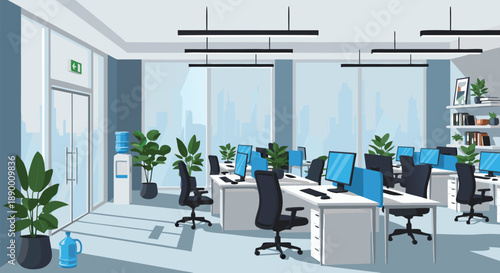 Modern office workspace vector illustration with desks, computers, and plants