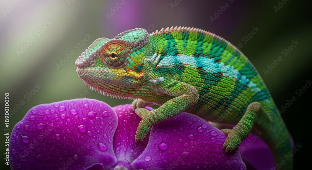 Obraz premium Vibrant Green Chameleon on Purple Flower.