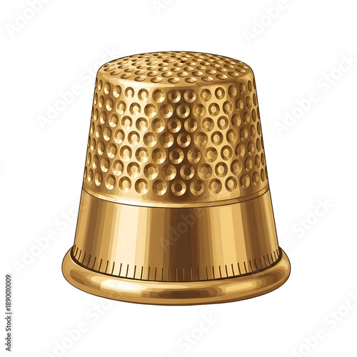 Shiny golden sewing thimble with dimpled surface on white background
