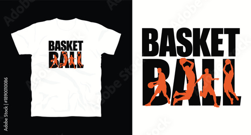 Basketball text art with orange player silhouettes in action poses for sport competition t-shirt design