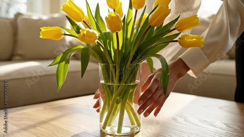 Woman placing a vase of yellow tulips on a wooden table in a sunny living room. Fresh spring flowers for home decoration and housekeeping. Interior design and renovation concept