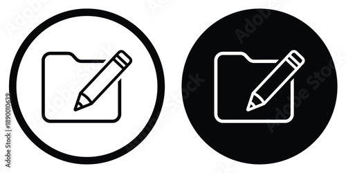 Folder edit icons showing a directory with a pencil. Minimalist linear and solid circular designs perfect for file management, document organization, and workspace customization interface.