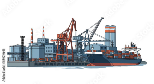Vector illustration of a bustling industrial port with a cargo ship, cranes, and factory buildings. Represents global trade, shipping, and logistics