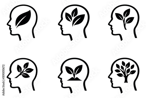 Line art icon set featuring human head profiles with evolving plant growth for mental development and ecological concepts