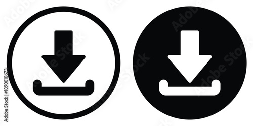 Vector download icons in flat circular styles. Features a bold downward arrow and tray symbol in both outlined and solid black/white versions for UI/UX interface design and web navigation.