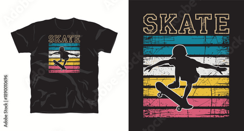 Skate boy silhouette on retro sunset background vintage style vector illustration for apparel