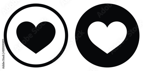 Classic heart symbols in circular frames. Includes a black heart on white and a white heart on black solid background. Ideal for social media likes, favorites, health, or romantic app themes.