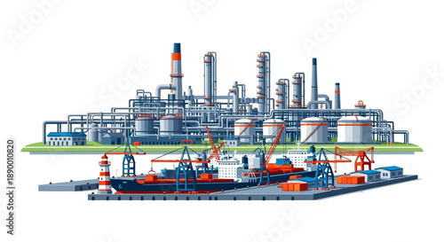 Illustration of an industrial complex oil refinery, chemical plant, storage tanks, pipelines, and port operations for global energy resources