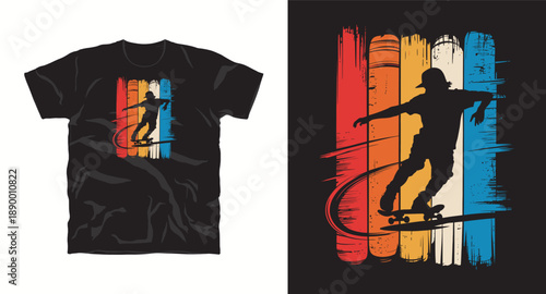 Skateboarder silhouette with brush stroke sunset background vector graphic for tshirt print