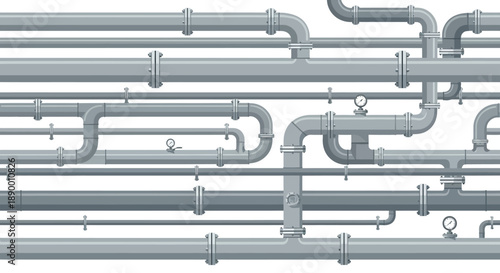 Intricate industrial pipe network illustration with various connections, valves, and gauges forming a complex system for fluid transportation and industrial processes