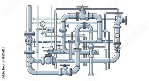 Intricate industrial piping system illustration featuring a complex network of connected pipes, valves, and gauges, symbolizing essential infrastructure and fluid flow