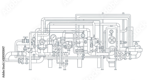 Detailed line art illustration of a complex industrial piping and valve system, showcasing intricate engineering for fluid control and distribution within a manufacturing or processing plant blueprint