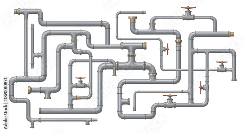 Intricate network of industrial pipes. Gray metallic conduits, various joints, and red control valves form a complex system illustrating fluid transport infrastructure