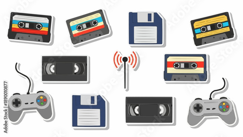 Retro gaming and storage devices collection with gamepads and cassettes