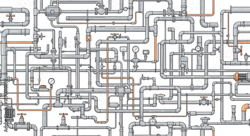 Complex network of industrial pipes, valves, and gauges. Detailed illustration representing sprawling infrastructure, fluid dynamics, and systemic organization challenges