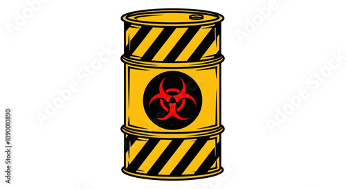 Graphic illustration of a bright yellow industrial barrel with bold black hazard stripes and a central red biohazard symbol, clearly denoting hazardous waste and toxic substances