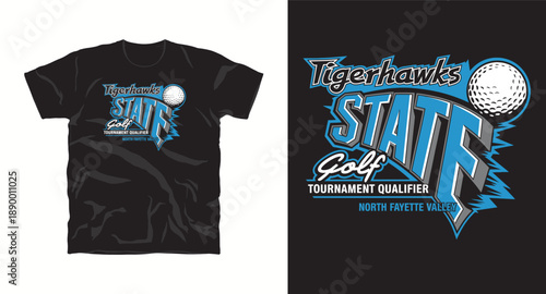 Tigerhawks state golf tournament qualifier t-shirt design with ball and athletic typography