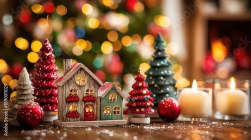 Wallpaper Mural A charming winter display showcases a small decorated house surrounded by red and green Christmas trees ornaments and candles with colorful lights in the background creating a festive mood. Torontodigital.ca