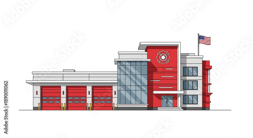 Modern fire station building vector illustration with red garage doors, representing essential emergency services and community safety infrastructure. Detailed architectural design