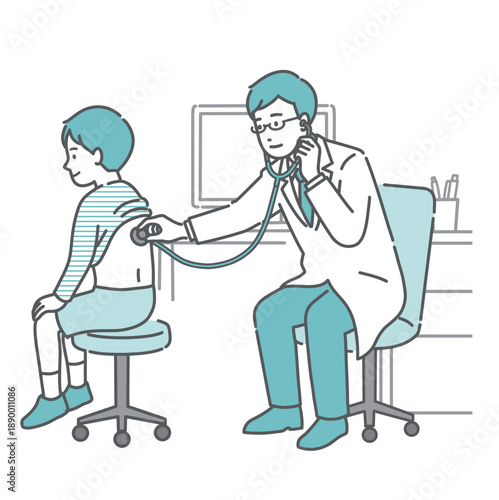 白衣を着用した男性医師による男の子の背中の聴診イラスト