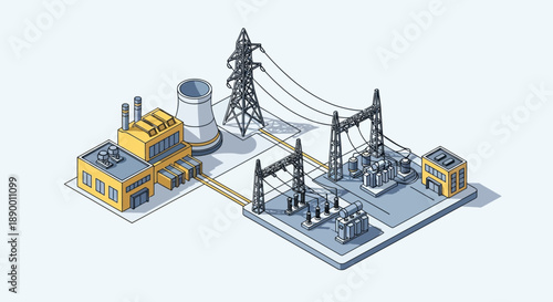 Isometric illustration of a power plant and electrical substation network, detailing infrastructure for energy generation and distribution