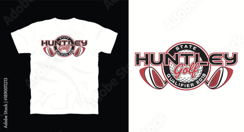 Huntley golf state qualifier 2018 vintage style t-shirt design with clubs and ball