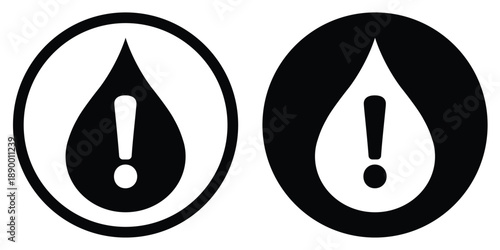 Minimalist water drop alert icons. Two circular vector symbols: a black drop with exclamation mark in a circle and a white version on solid black. Ideal for leak detection and low fluid warnings.