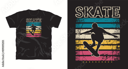 Skate t-shirt design with a skater silhouette and distressed retro stripes