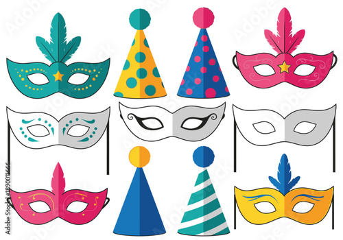Colorful party masks and hats on a white background for festive celebrations and fun