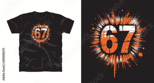 Number 67 t-shirt design with splash and grunge effect ideal for sports teams and apparel