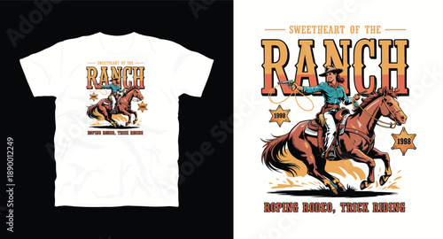 Sweetheart of the ranch design featuring a cowgirl riding a horse with gun