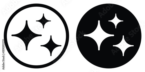 Minimal black and white sparkle icon featuring three star shapes inside circular frames. Clean flat design representing shine, cleanliness, magic, highlight, quality, or premium effect for modern.